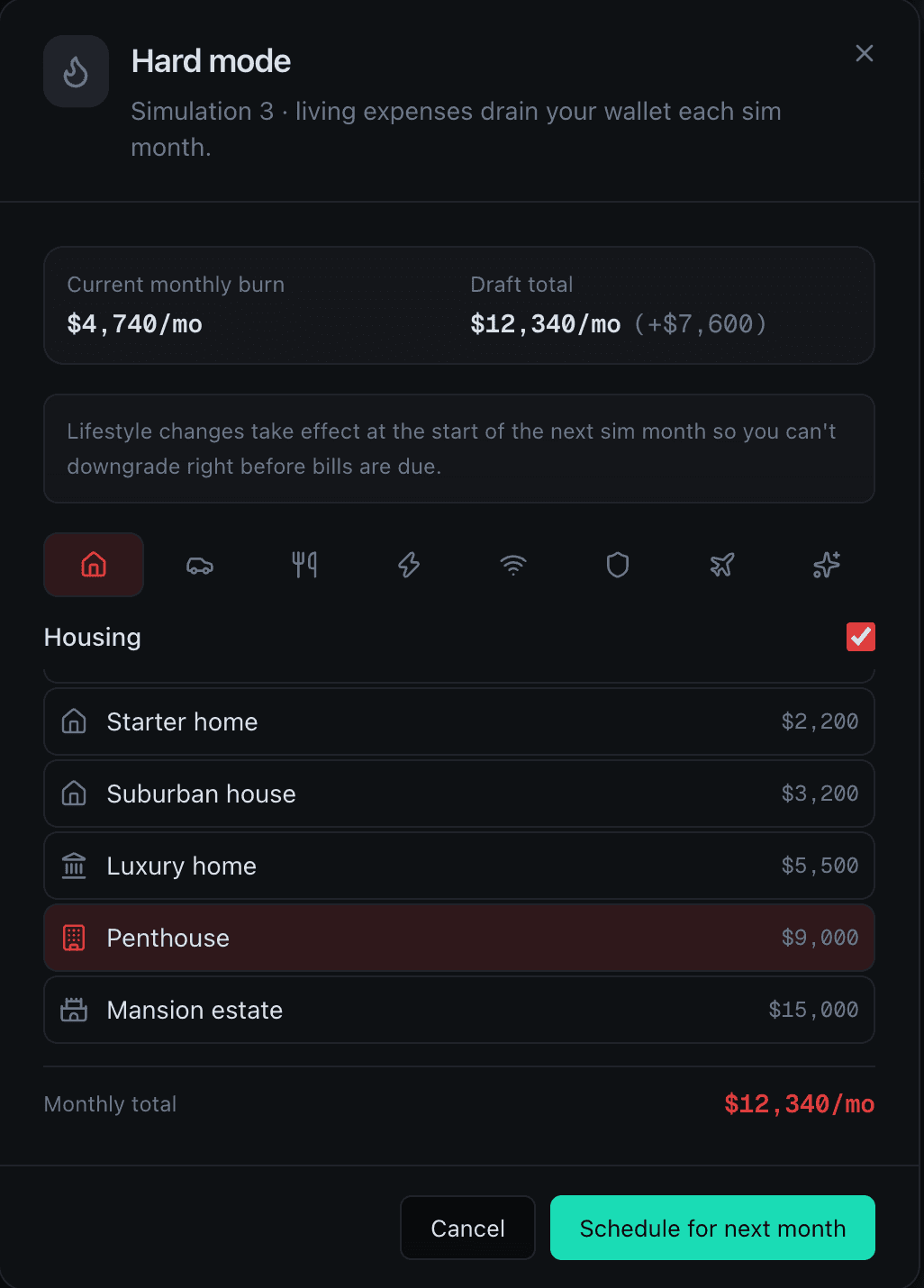 Hard mode monthly expenses and wallet balance in FundedRoster